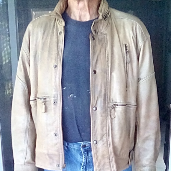 Vintage Distressed Men's Tan Bomber/Moto Jacket - Picture 6 of 7